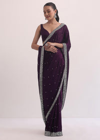 Purple Satin Saree In Mirror Embroidery With Unstitched Blouse