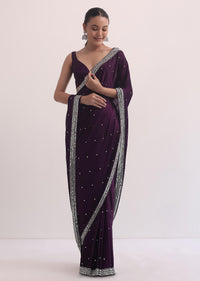 Purple Satin Saree In Mirror Embroidery With Unstitched Blouse