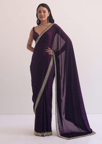 Purple Satin Saree With Cutdana Border