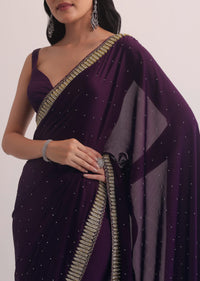 Purple Satin Saree With Cutdana Border