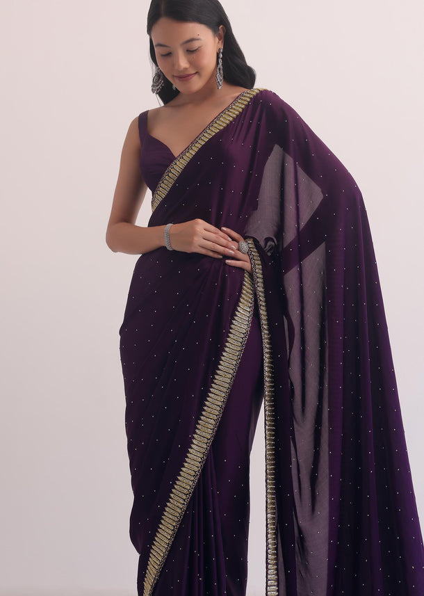 Purple Satin Saree With Cutdana Border