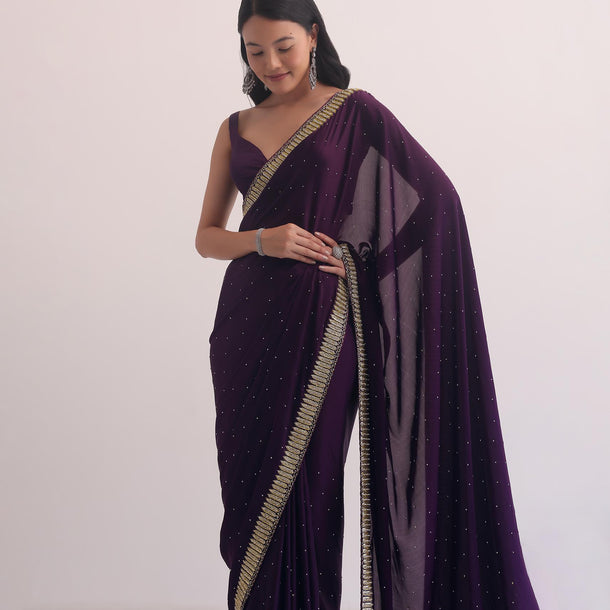 Purple Satin Saree With Cutdana Border