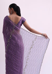 Purple Satin Saree With Cutdana Embellishment And Unstitched Blouse Fabric