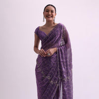 Purple Satin Saree With Cutdana Embellishment And Unstitched Blouse Fabric