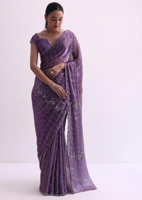 Purple Satin Saree With Cutdana Embellishment And Unstitched Blouse Fabric