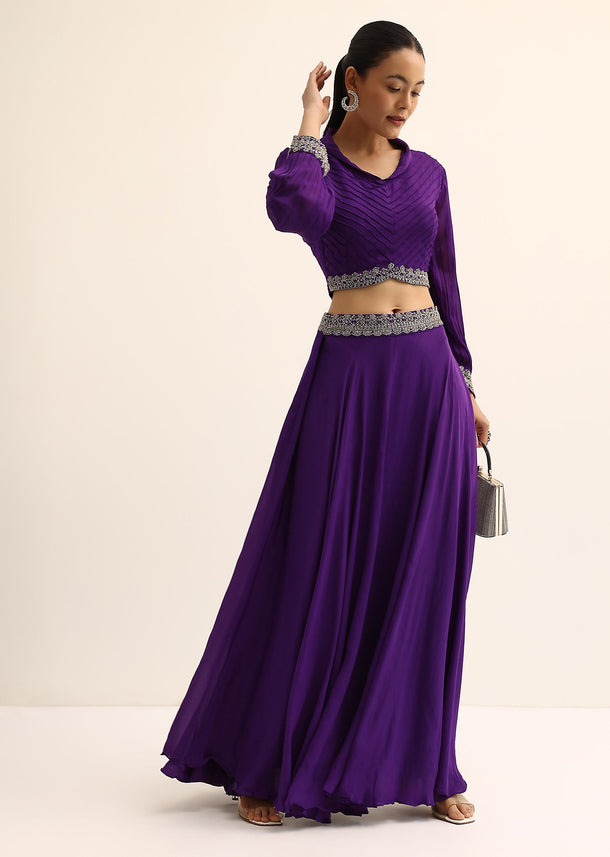 Purple Sequin Crop Top And Skirt Set