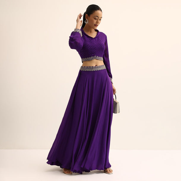 Purple Sequin Crop Top And Skirt Set