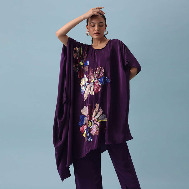 Purple Sequin Kaftan And Pant Set