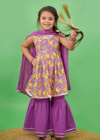 Kalki Girls Purple Sharara Suit In Cotton With A Flared Mango Printed Kurti By Tiber Taber