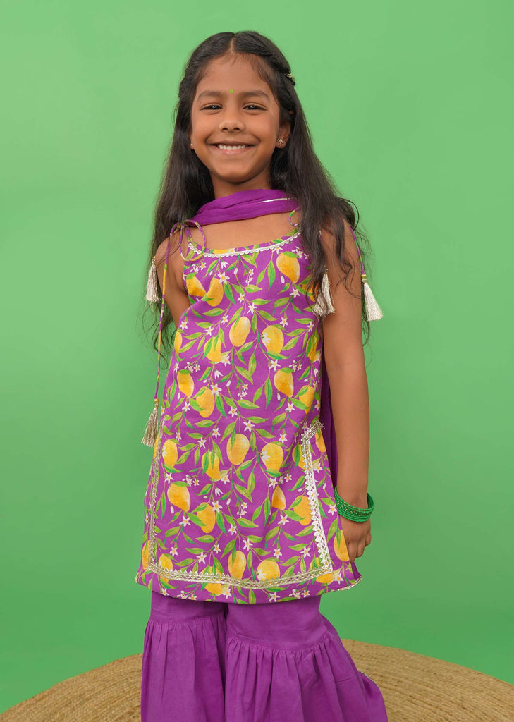 Kalki Girls Purple Sharara Suit In Cotton With A Straight Cut Mango Print Strappy Kurti By Tiber Taber