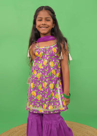 Kalki Girls Purple Sharara Suit In Cotton With A Straight Cut Mango Print Strappy Kurti By Tiber Taber
