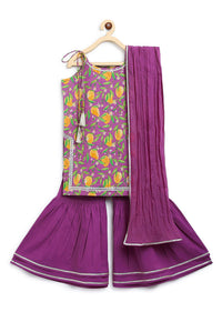 Kalki Girls Purple Sharara Suit In Cotton With A Straight Cut Mango Print Strappy Kurti By Tiber Taber