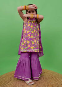 Kalki Girls Purple Sharara Suit In Cotton With A Straight Cut Mango Print Strappy Kurti By Tiber Taber