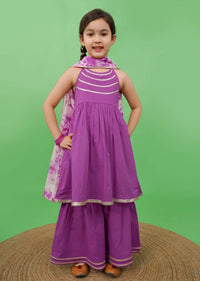 Kalki Girls Purple Sharara Suit In Cotton With Gotta Patti Embroidery And A Tie Dye Dupatta By Tiber Taber