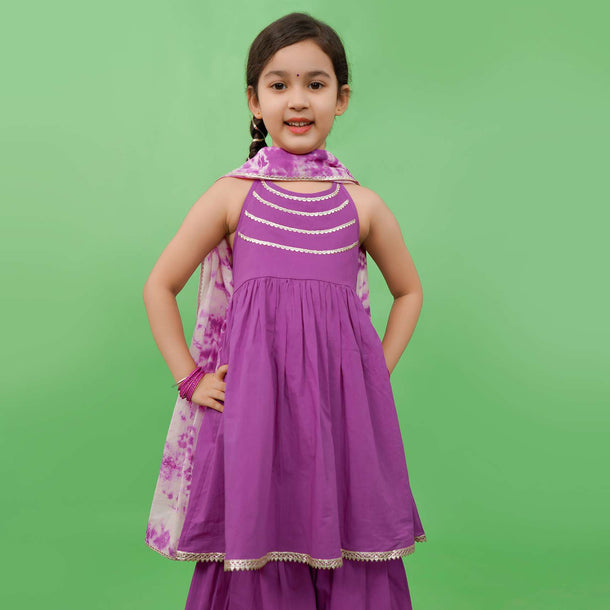 Kalki Girls Purple Sharara Suit In Cotton With Gotta Patti Embroidery And A Tie Dye Dupatta By Tiber Taber