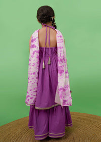 Kalki Girls Purple Sharara Suit In Cotton With Gotta Patti Embroidery And A Tie Dye Dupatta By Tiber Taber