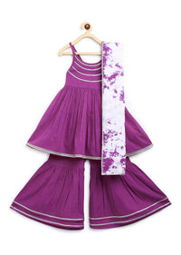 Kalki Girls Purple Sharara Suit In Cotton With Gotta Patti Embroidery And A Tie Dye Dupatta By Tiber Taber