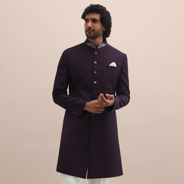 Purple Sherwani With Intricate Embroidered Collar For Men