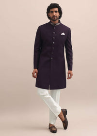 Purple Sherwani With Intricate Embroidered Collar For Men