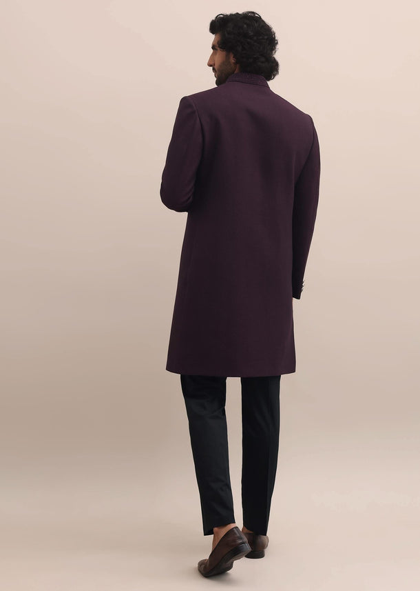 Purple Sherwani With Moti Embroidered Collar For Men