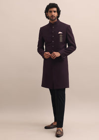 Purple Sherwani With Moti Embroidered Collar For Men
