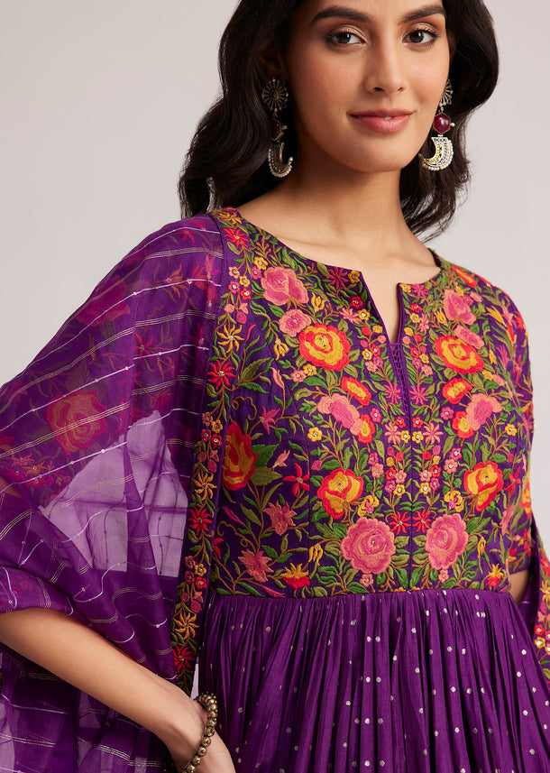 Purple Silk Bandhani Anarkali With Organza Dupatta