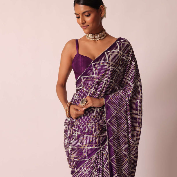 Purple Silk Bandhani Print Saree With Gota Embroidery And Unstitched Blouse Piece