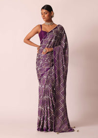 Purple Silk Bandhani Print Saree With Gota Embroidery And Unstitched Blouse Piece