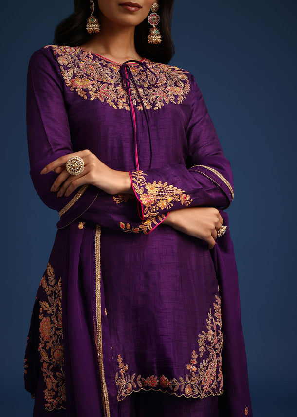 Purple Silk Blend Kurta And Palazzo Set With Zari Work