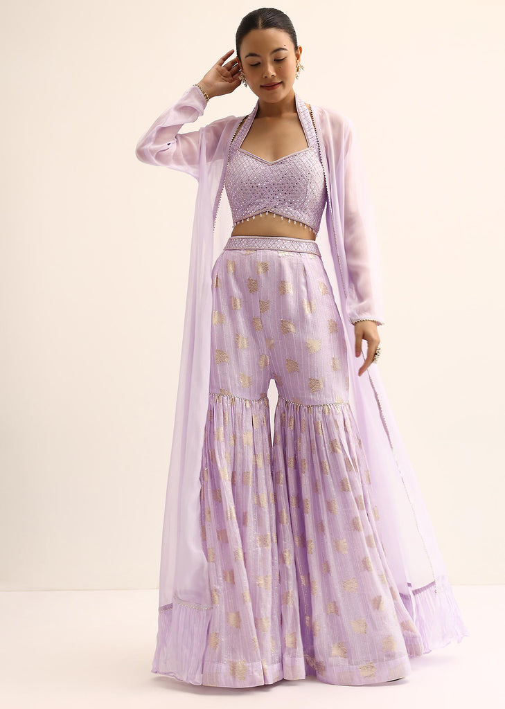 Purple Silk Crop Top With Jacket And Sharara