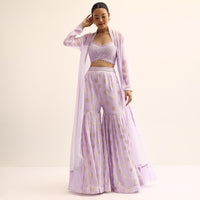 Purple Silk Crop Top With Jacket And Sharara