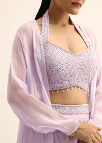 Purple Silk Crop Top With Jacket And Sharara