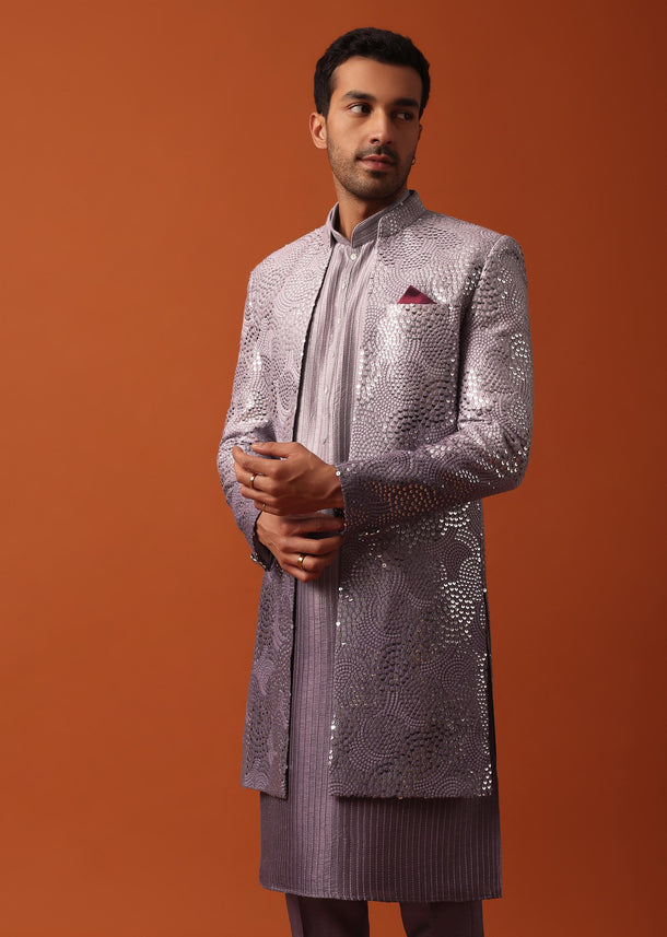 Purple Silk Intricate Sequin Embroidered Sherwani Set