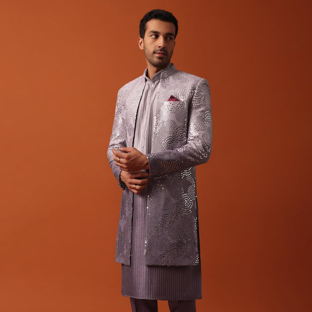 Purple Silk Intricate Sequin Embroidered Sherwani Set