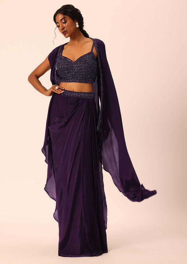 Purple Silk Jacket And Dhoti Set With Sequin Work