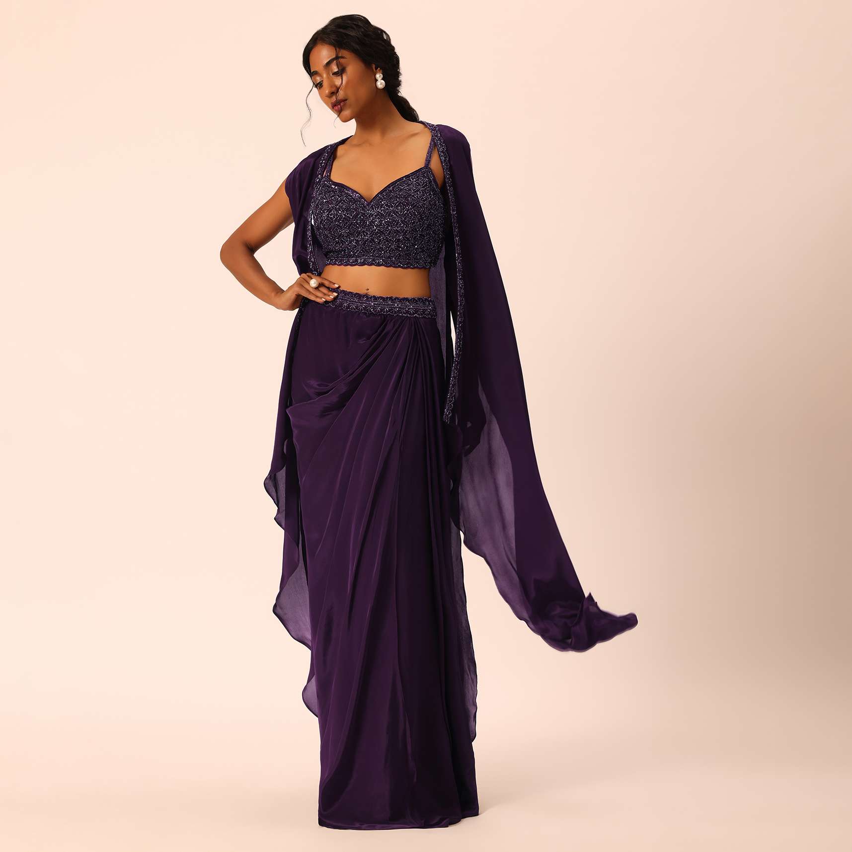 Purple silk jacket and dhoti set with sequins