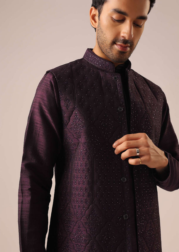 Purple Silk Jacket Kurta Set With Laser Cutwork