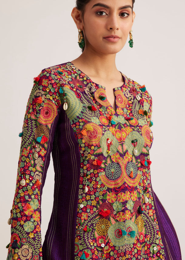 Purple Silk Kurta Palazzo Set With Resham And Zari Embroidery