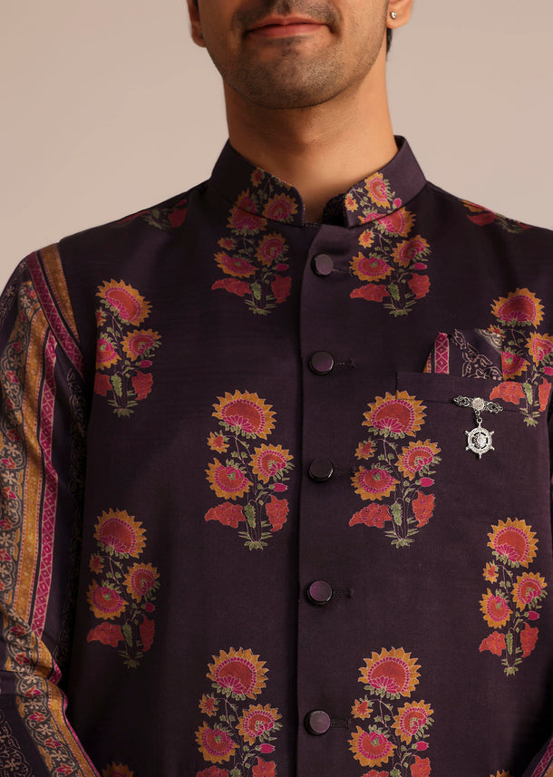Purple Silk Kurta Set With Floral Embroidered Jacket