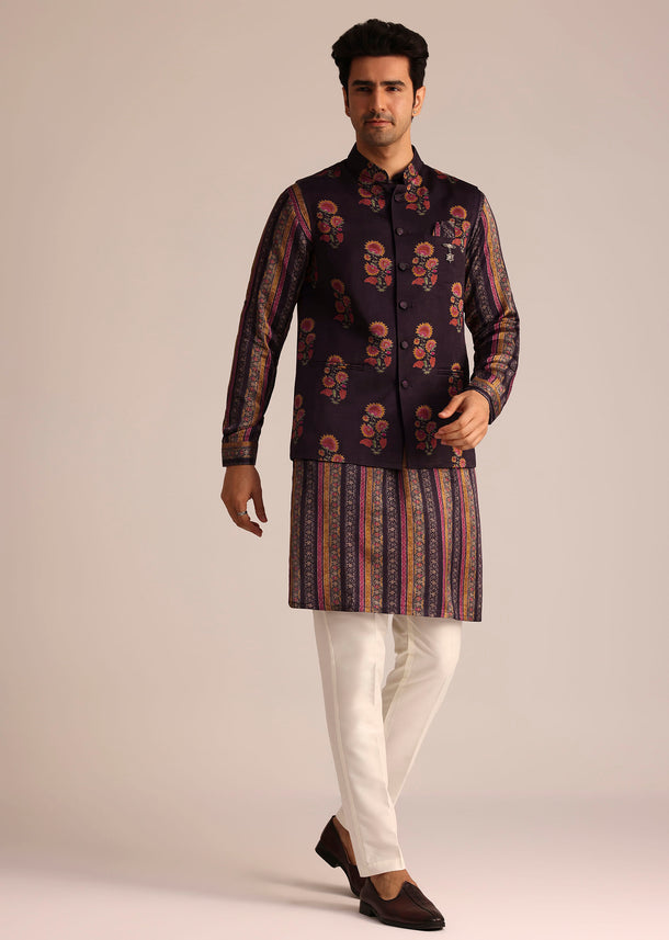 Purple Silk Kurta Set With Floral Embroidered Jacket
