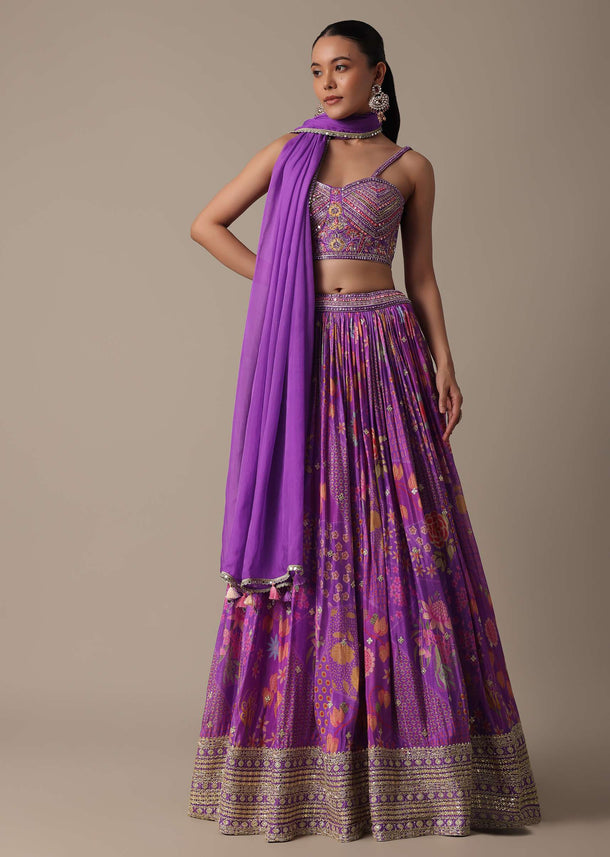 Purple Silk Lehenga Set With Hand-Embroidered Choli And Dupatta