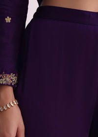 Purple Silk Palazzo Set With Zari Embroidered A-Line Kurta And Dupatta