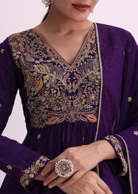 Purple Silk Palazzo Set With Zari Embroidered A-Line Kurta And Dupatta