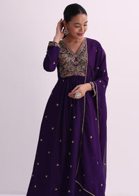 Purple Silk Palazzo Set With Zari Embroidered A-Line Kurta And Dupatta