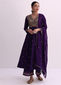 Purple Silk Palazzo Set With Zari Embroidered A-Line Kurta And Dupatta