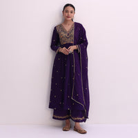 Purple Silk Palazzo Set With Zari Embroidered A-Line Kurta And Dupatta