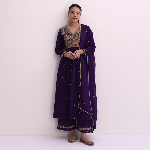 Purple Silk Palazzo Set With Zari Embroidered A-Line Kurta And Dupatta