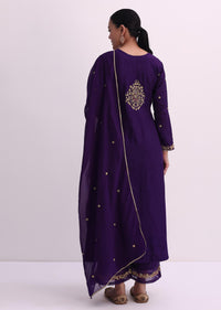 Purple Silk Palazzo Set With Zari Embroidered A-Line Kurta And Dupatta