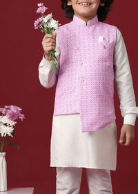 Purple Silk Printed Jacket Kurta Set for Boys