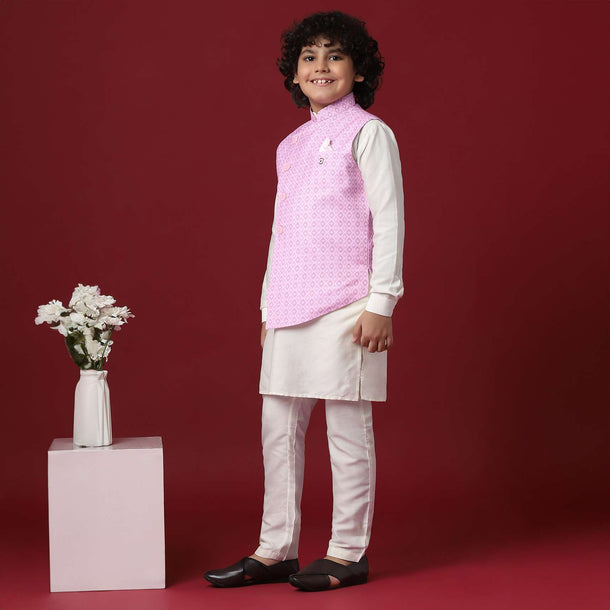 Purple Silk Printed Jacket Kurta Set for Boys